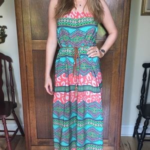 CLOSET CLOSING! Strapless Maxi M pink green print